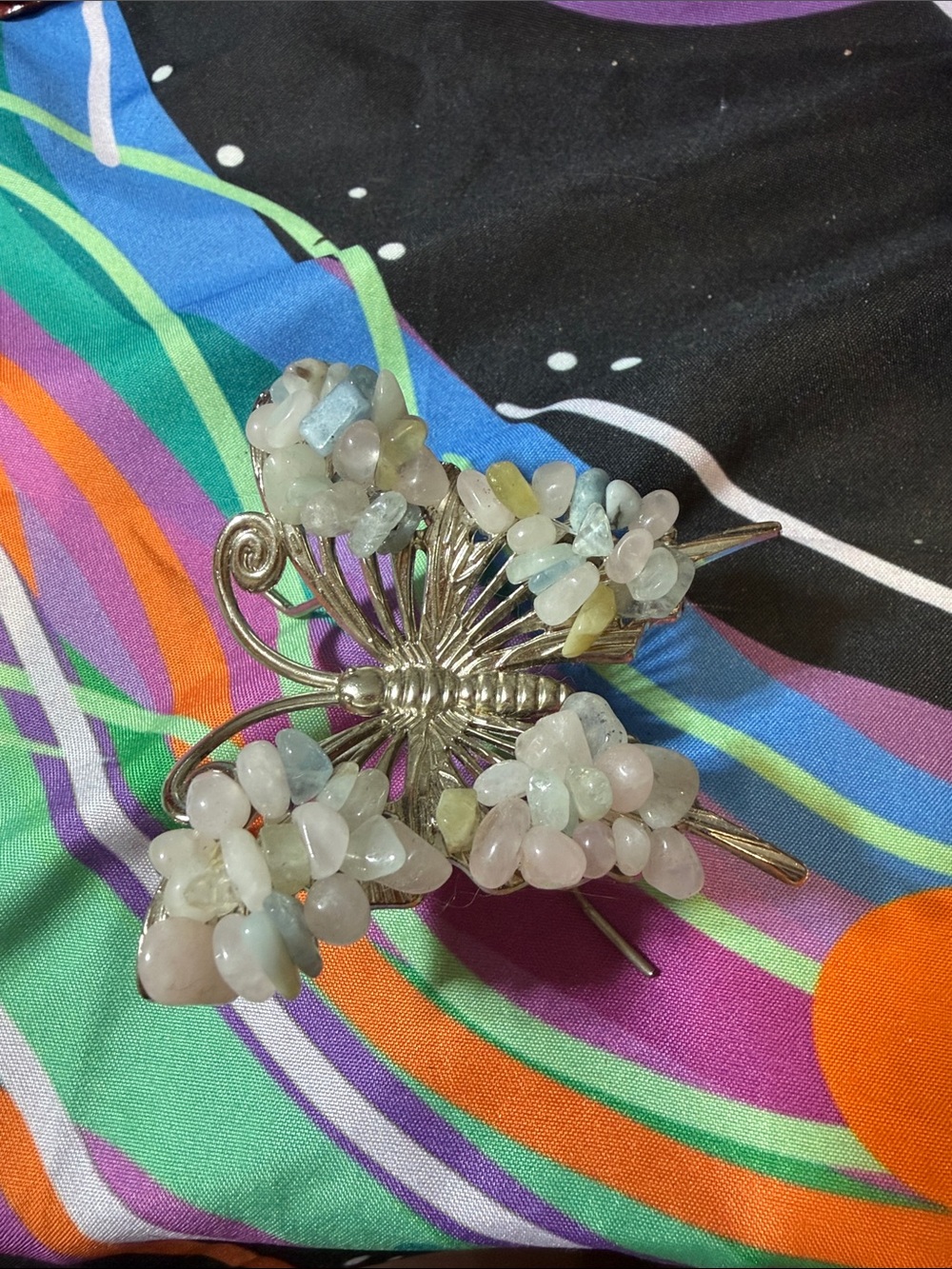 Silver-Tone Floral Cluster butterfly statue with Pastel Gemstones